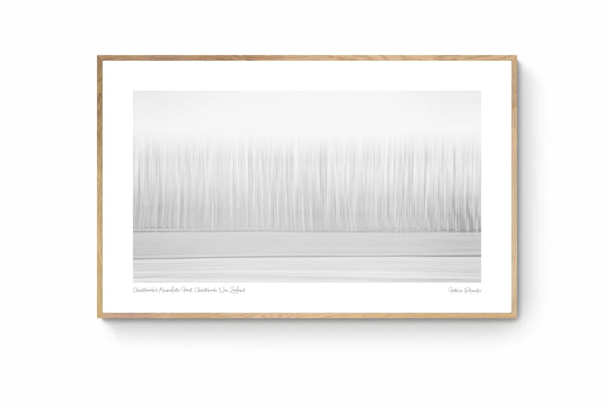 Abstract minimalist representation of a forest in Christchurch, New Zealand, with tree-like vertical lines in a gradient of white to gray.