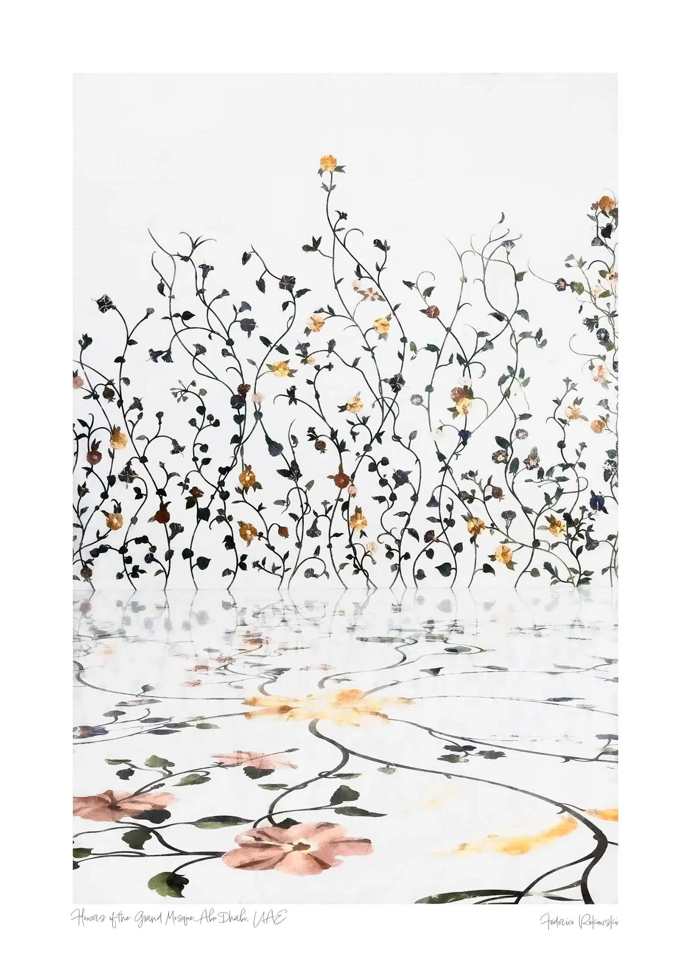 Intricate floral inlays reflected on the glossy marble floor inside the Grand Mosque in Abu Dhabi.