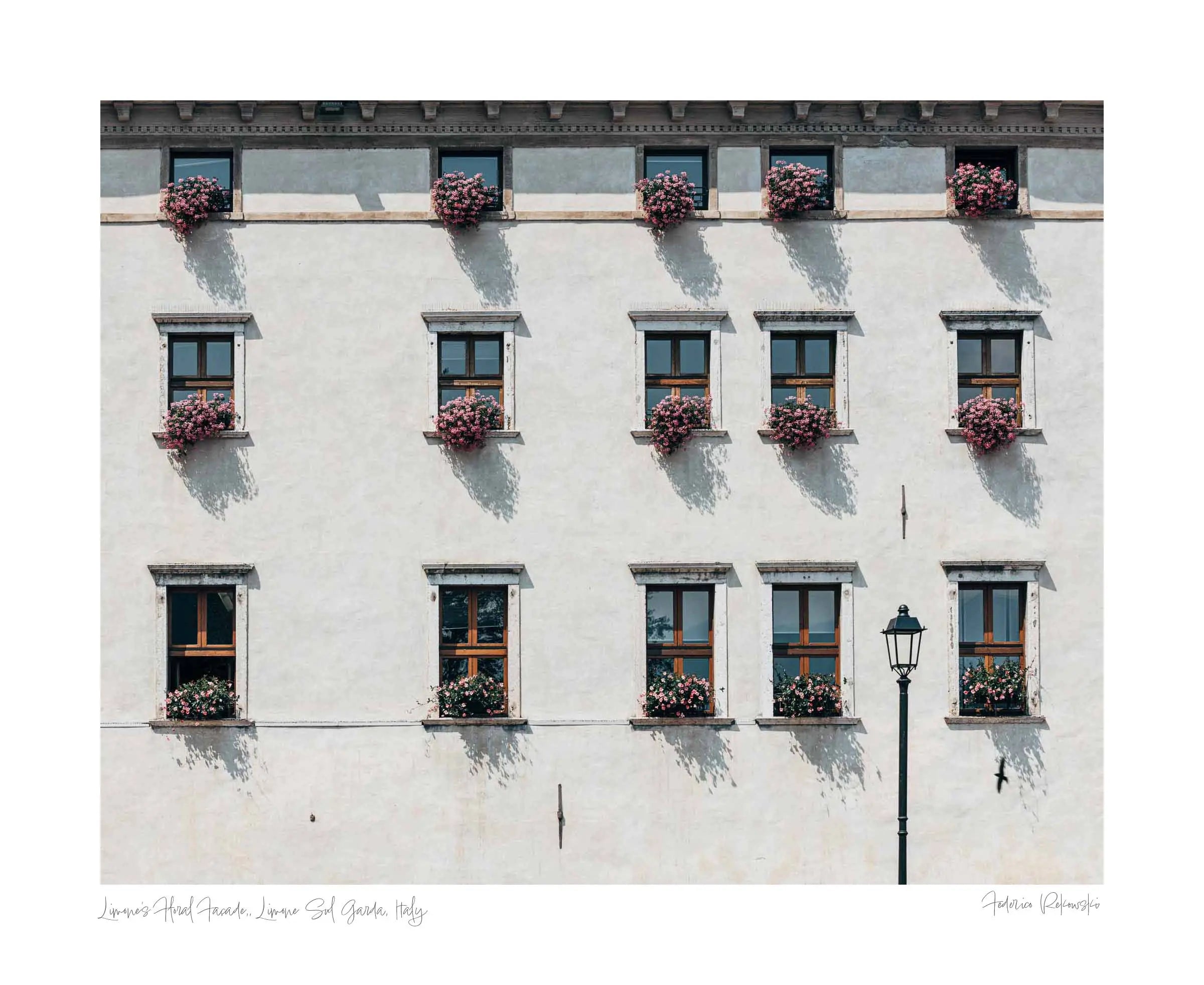 Facade of an Italian building adorned with multiple windows, each accented with vibrant pink flowers in Limone, Italy.