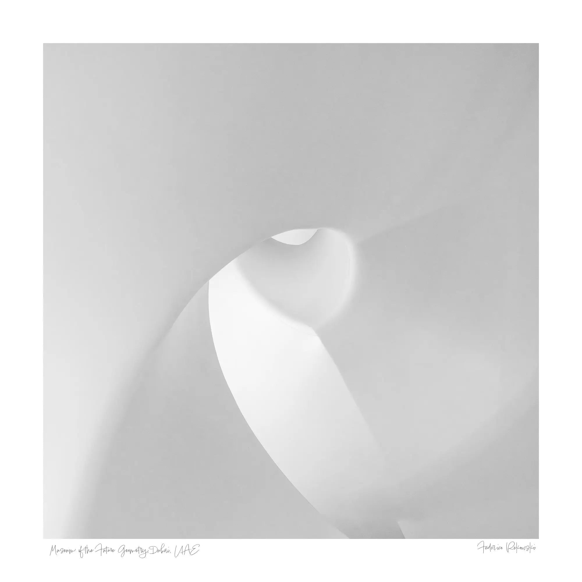Abstract monochrome photo of soft curves and shadows within Dubai's Museum of the Future.