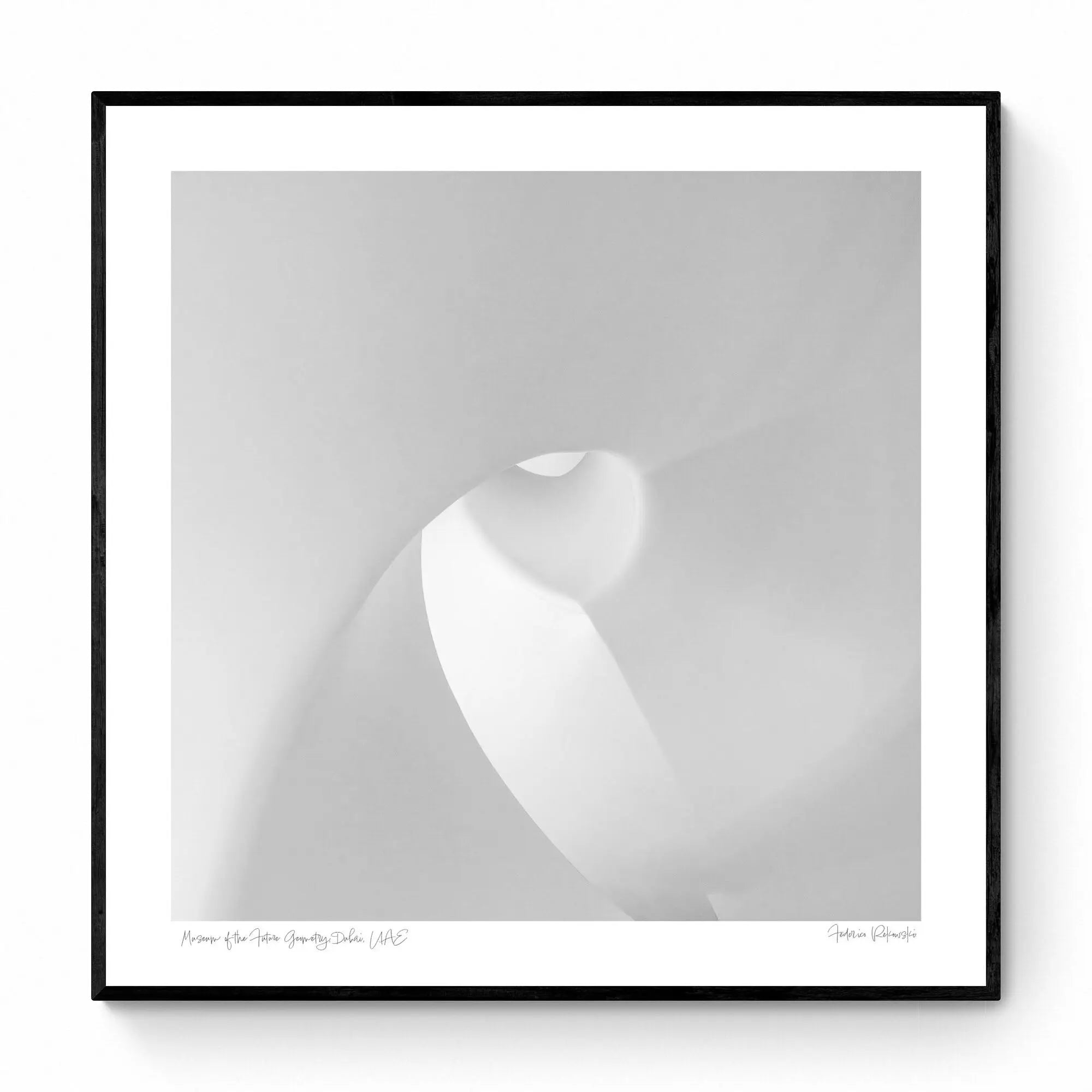 Abstract monochrome photo of soft curves and shadows within Dubai's Museum of the Future.