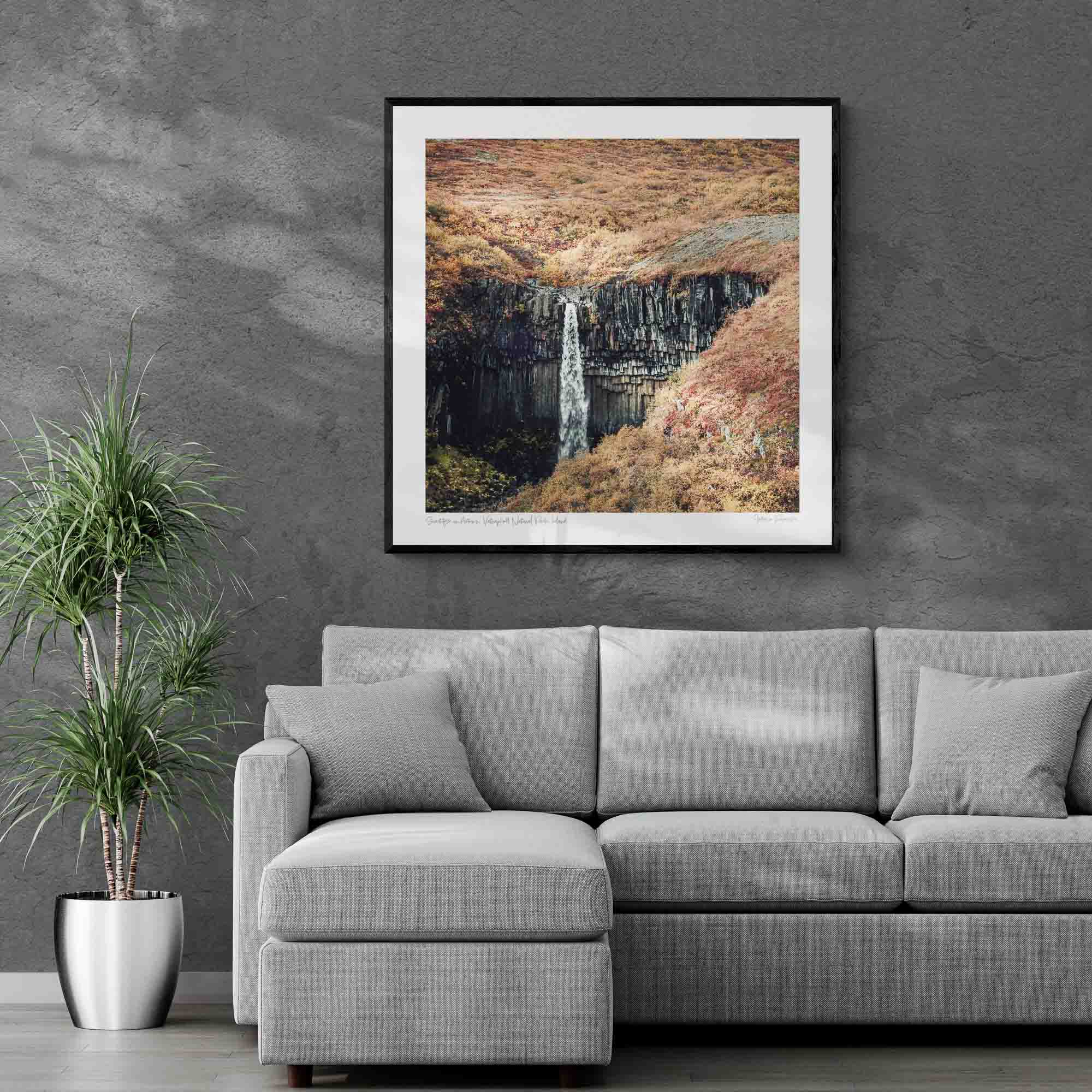Svartifoss waterfall in Iceland, renowned for its striking basalt columns, surrounded by the colorful foliage of autumn.