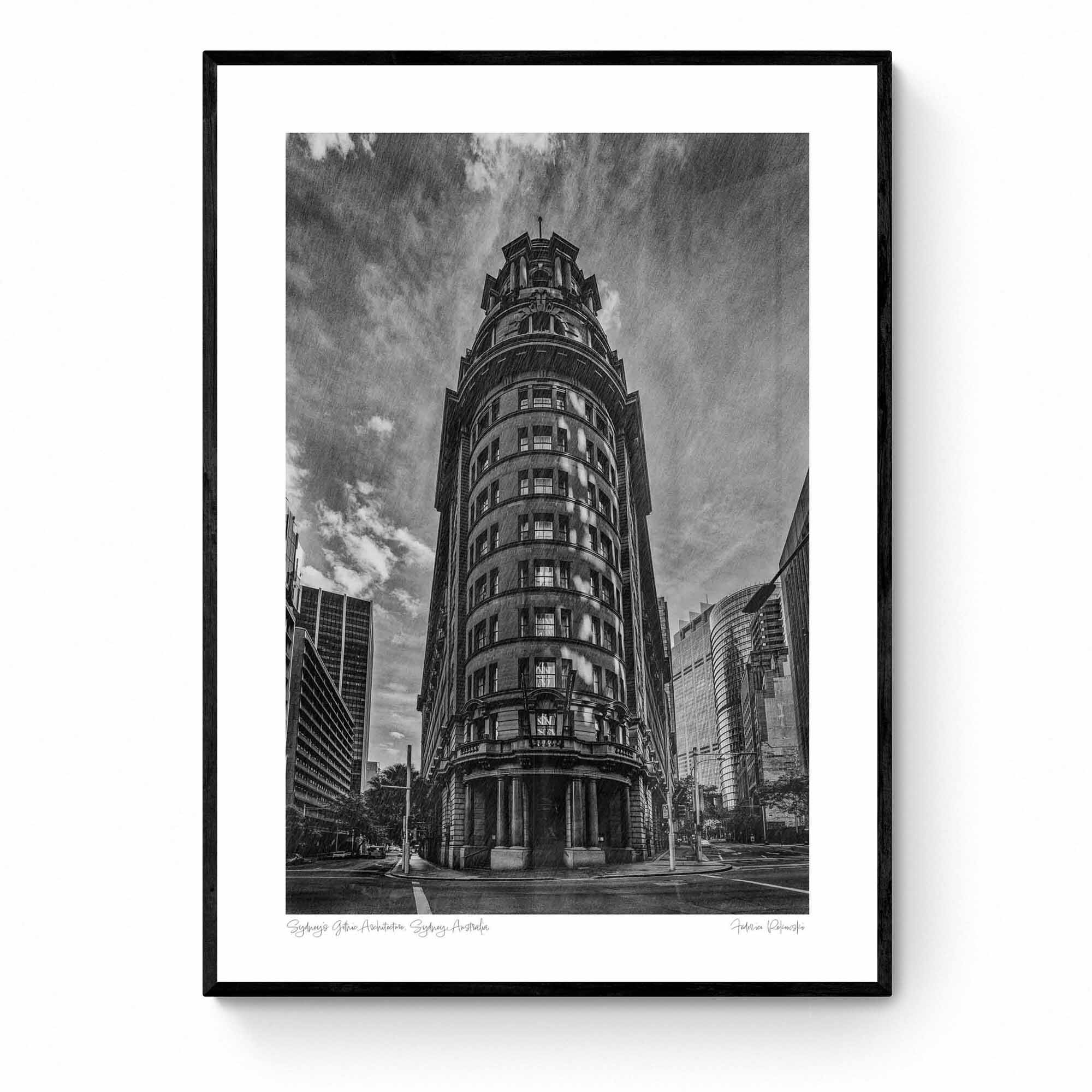 Black and white photo of an ornate, historic building in Sydney, Australia, with a dramatic sky in the background.