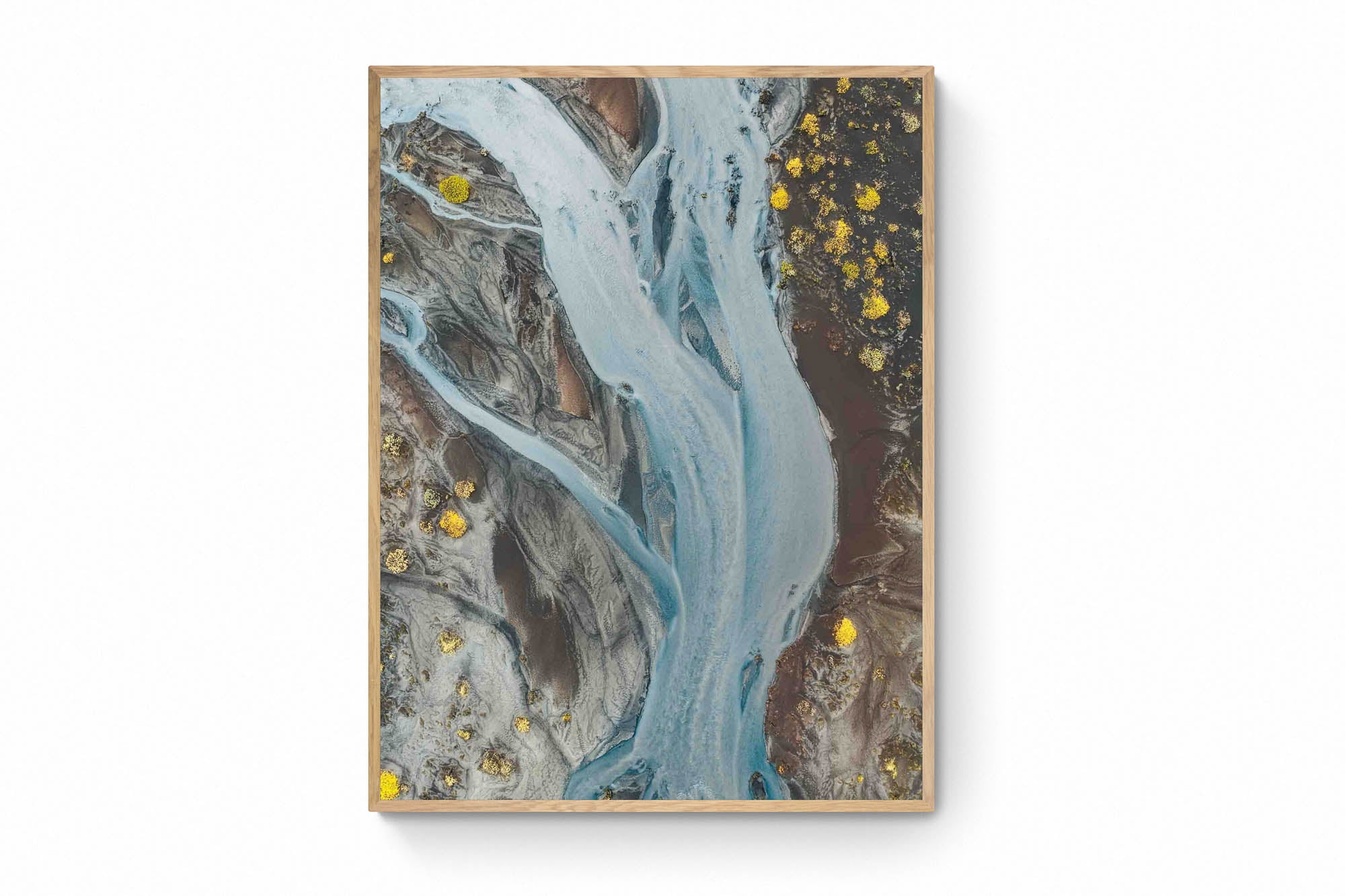 Aerial photo of a ghostly pale blue river snaking through the darker earth in Iceland, with patches of bright yellow flora.