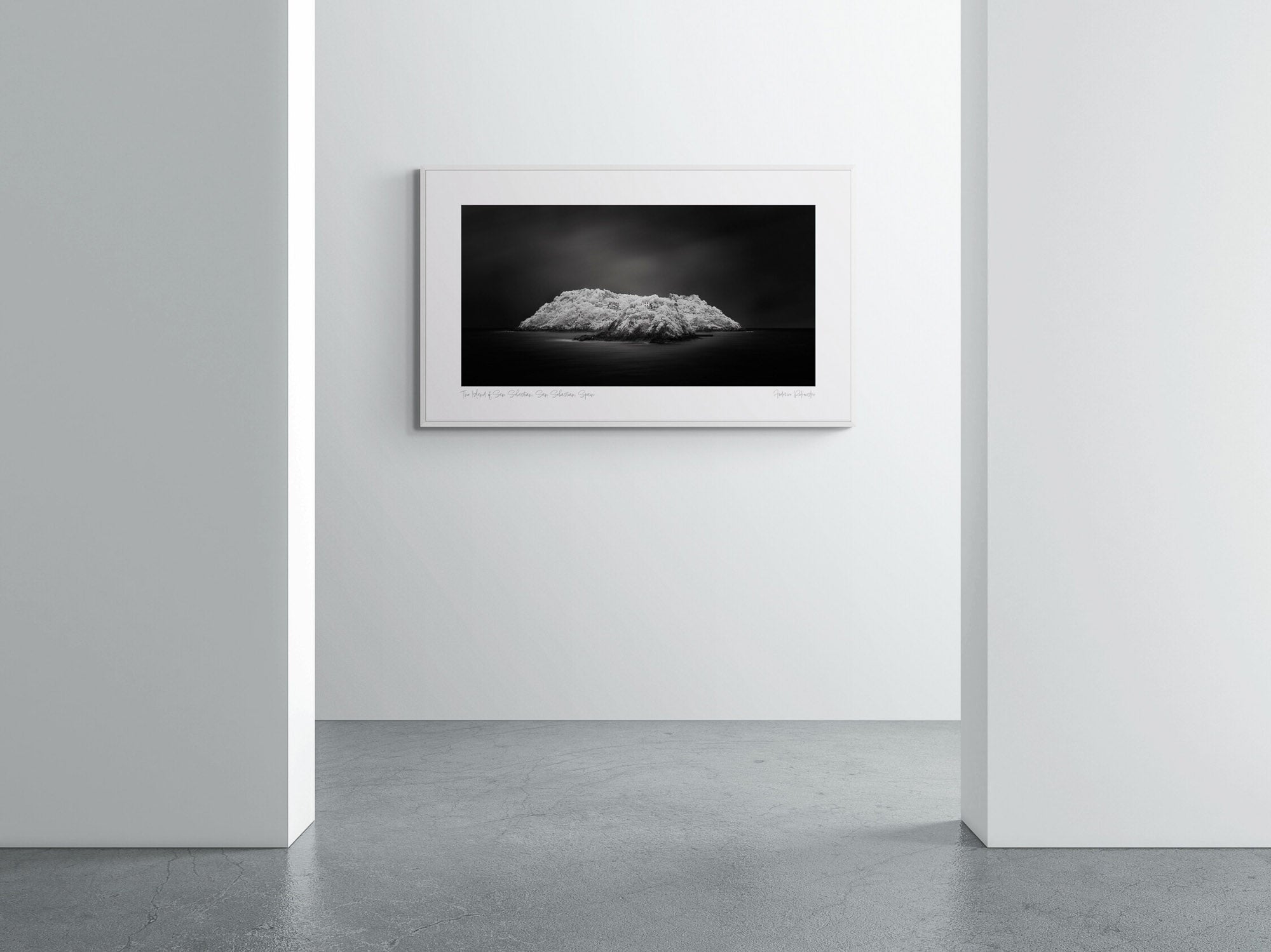 "Black and white image of an isolated island in San Sebastian, Spain, with radiant white foliage under a dark sky."