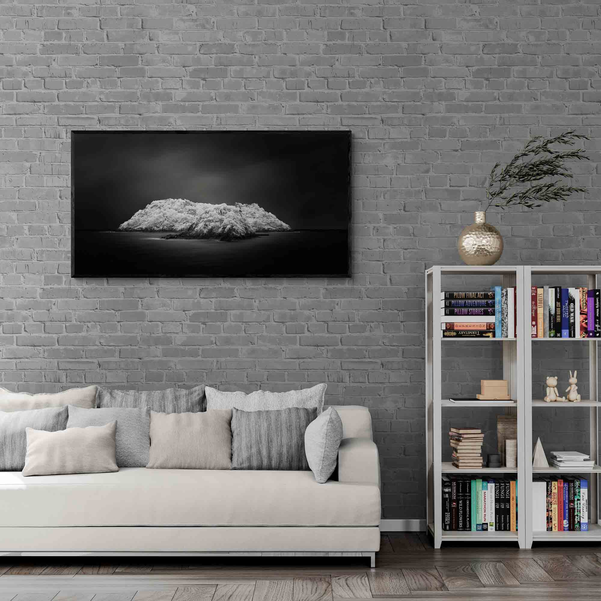 "Black and white image of an isolated island in San Sebastian, Spain, with radiant white foliage under a dark sky."