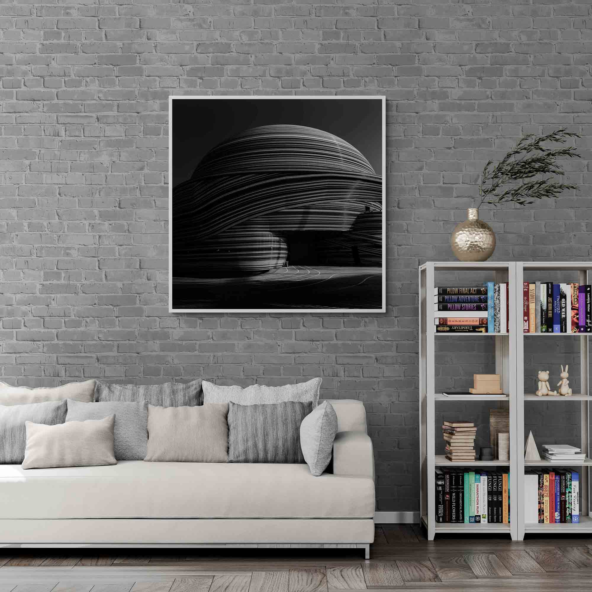 Black and white photo showcasing the striking, layered lines of the Russia Pavilion in Dubai.