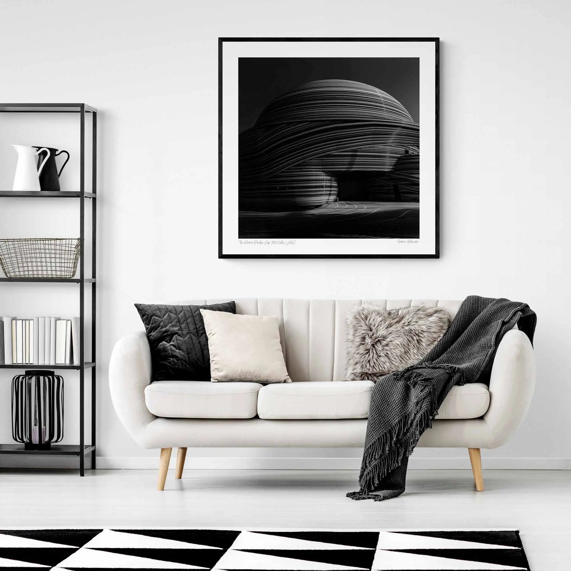 Black and white photo showcasing the striking, layered lines of the Russia Pavilion in Dubai.