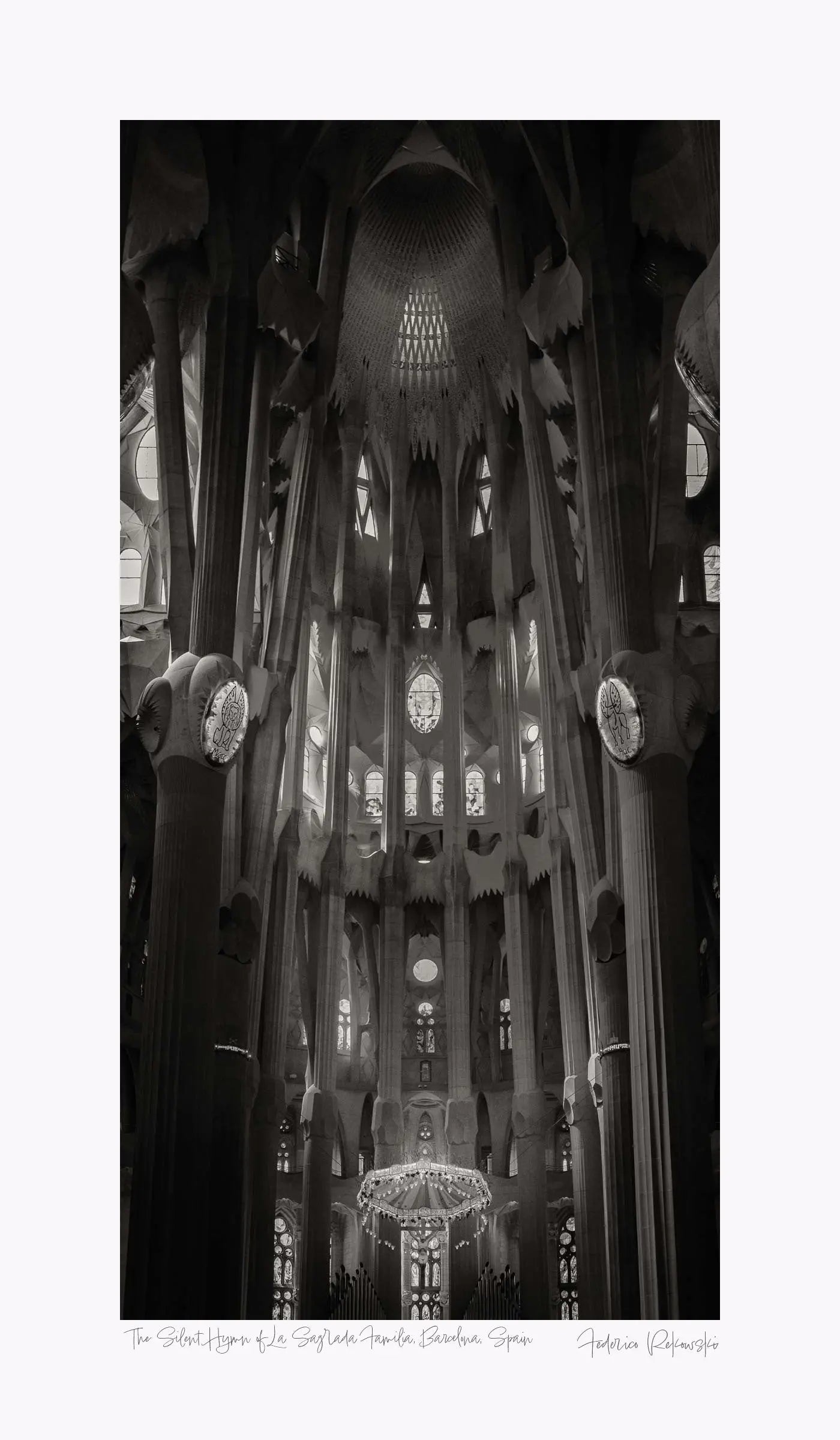 "Black and white interior view of La Sagrada Familia's columns and ceiling details, capturing the play of light and shadow."
