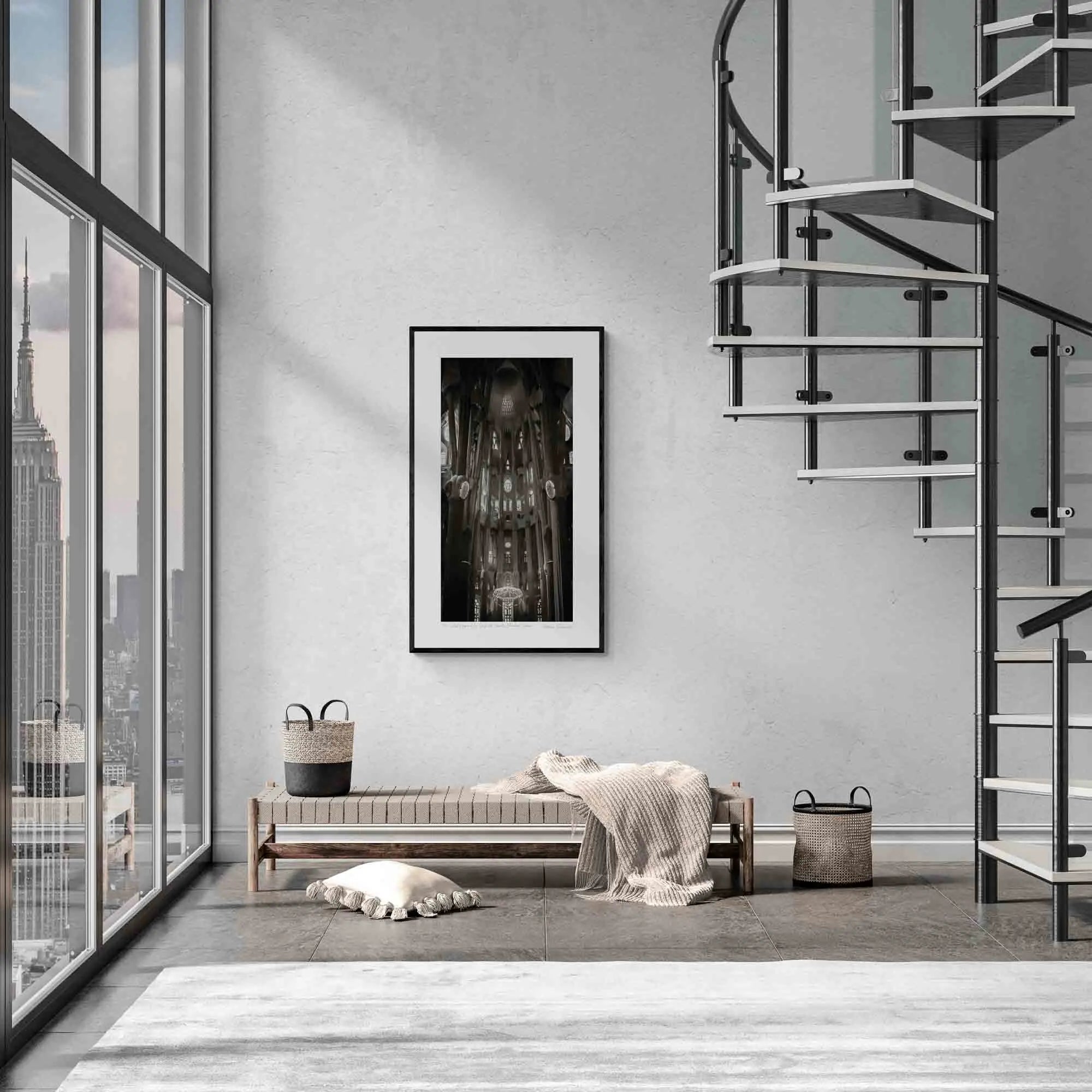 "Black and white interior view of La Sagrada Familia's columns and ceiling details, capturing the play of light and shadow."