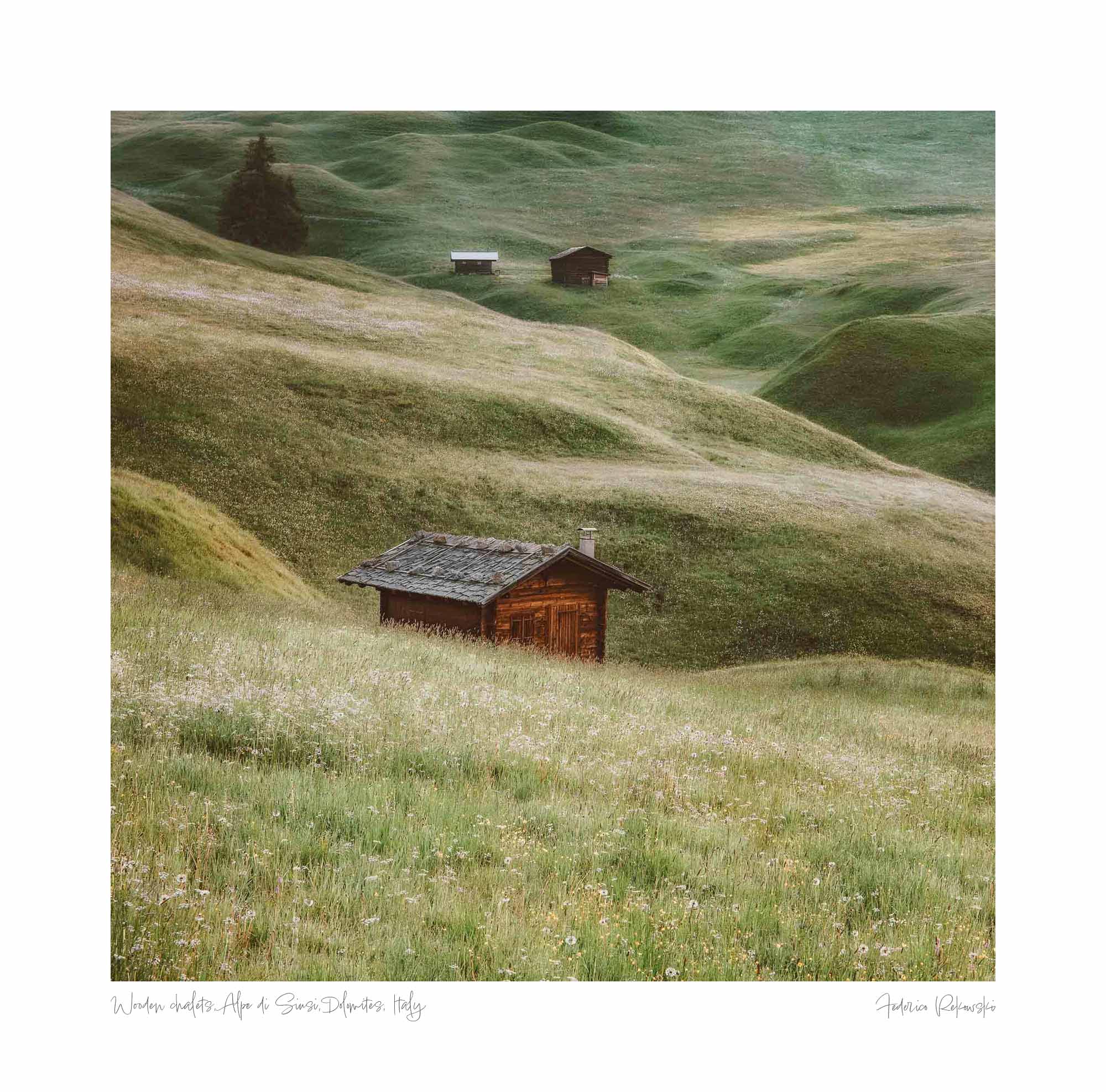 Wooden chalets, Alpe di Siusi, Dolomites, Italy