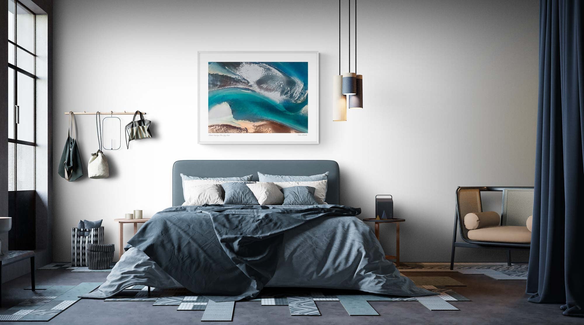 Image of a bedroom with a Wall art picture from Iceland