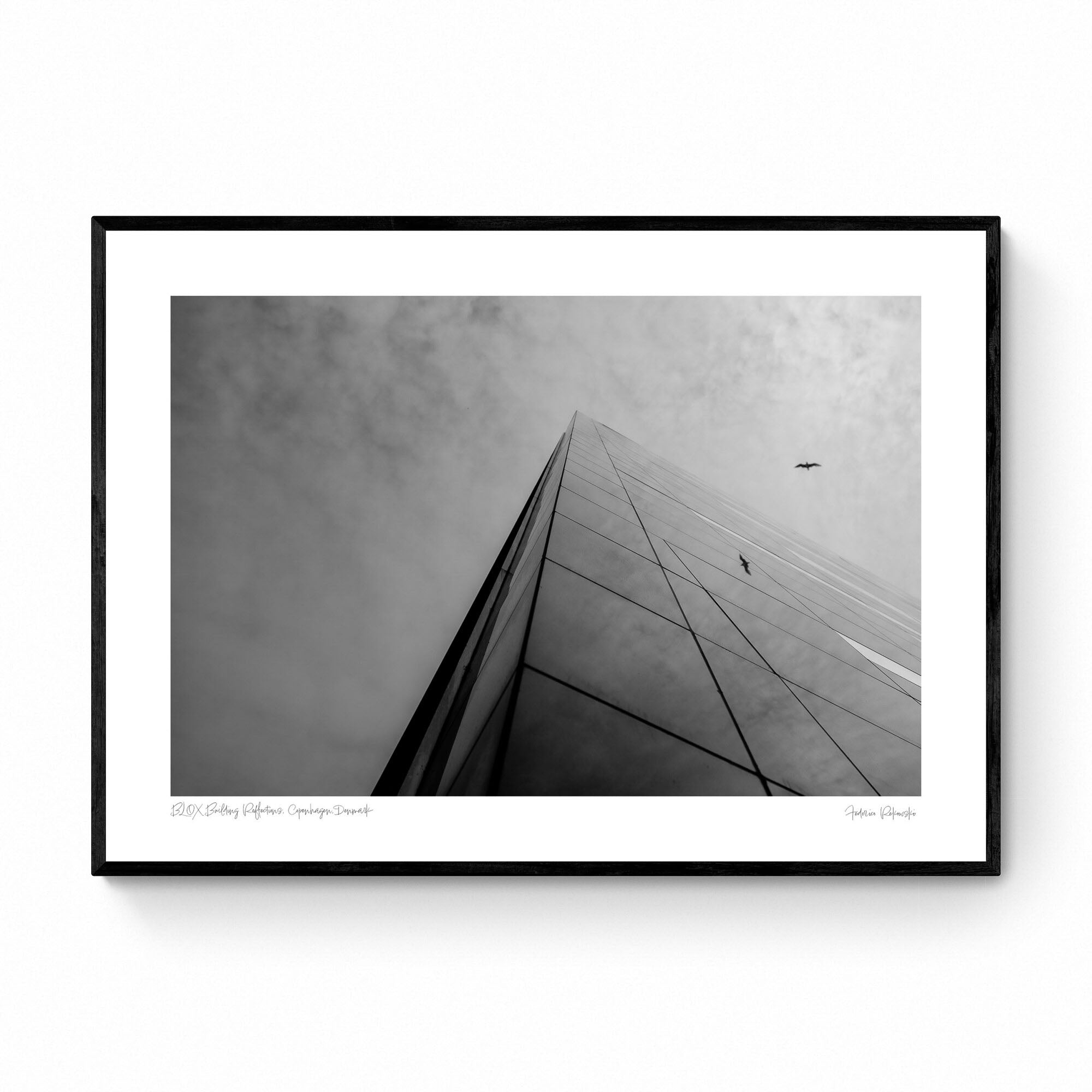 Black and white photograph of the BLOX building in Copenhagen with a bird flying overhead and reflections on the glass facade.