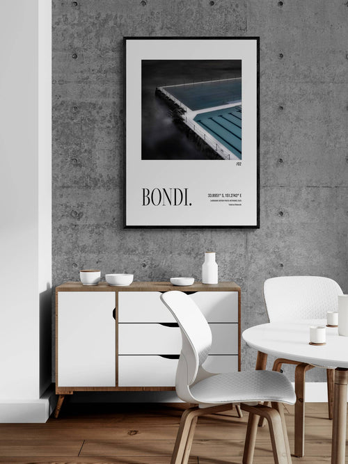 Bondi Landmark Edition poster featuring Sydney’s Bondi Icebergs, open-edition photographic wall art by Federico Rekowski on a dining room with a black frame
