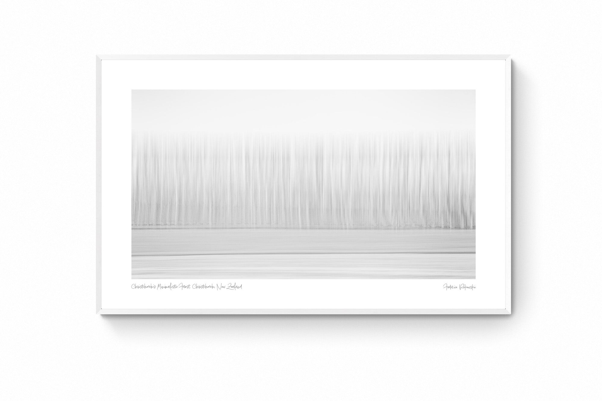 Abstract minimalist representation of a forest in Christchurch, New Zealand, with tree-like vertical lines in a gradient of white to gray.