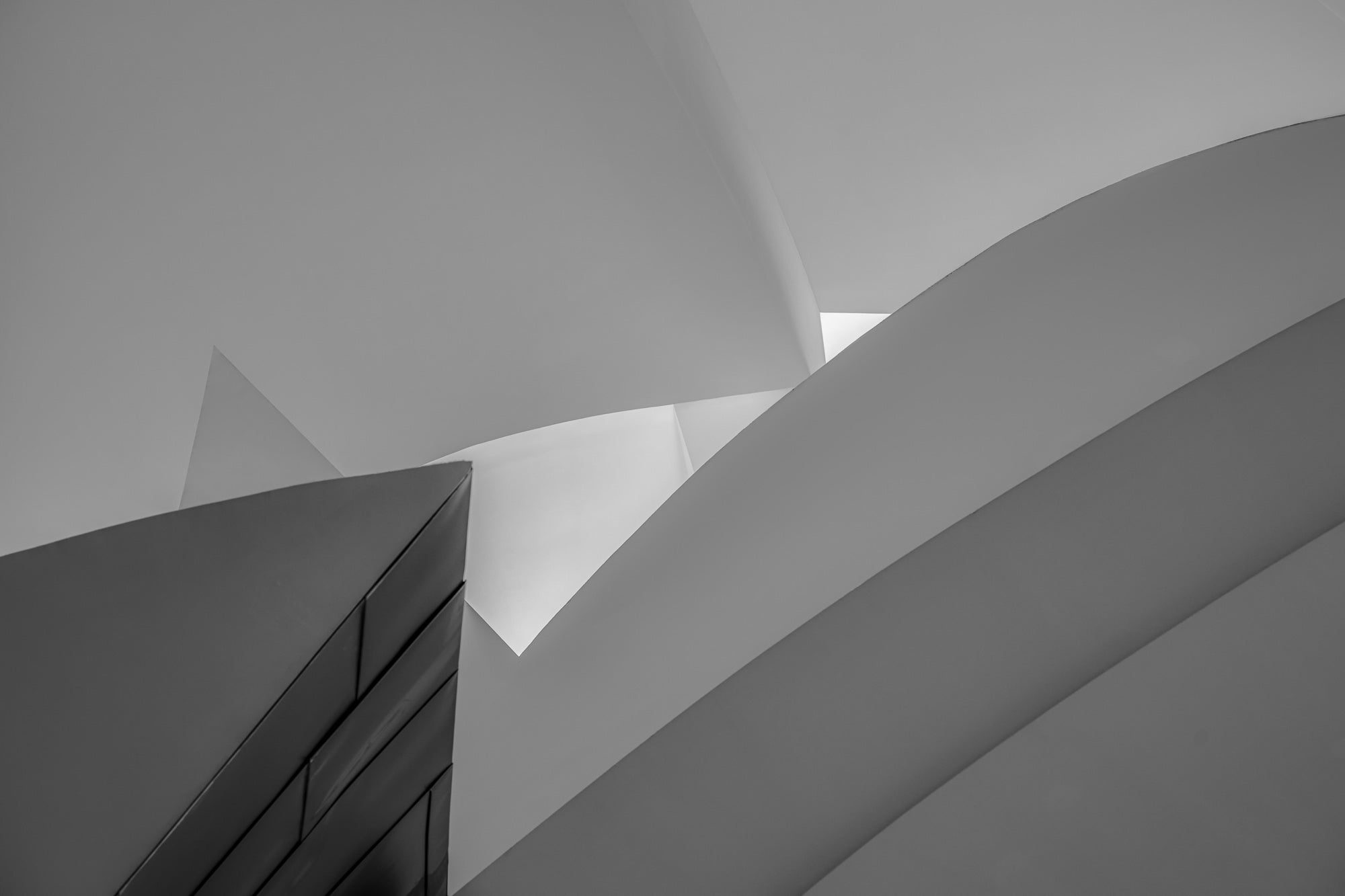 "Black and white photograph showcasing the abstract geometric forms of the Guggenheim Museum in Bilbao."