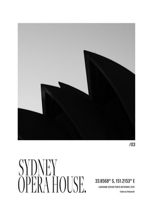 Sydney Opera House /03 Landmark Edition poster featuring a minimalist silhouette of the Sydney Opera House, open-edition photographic wall art by Federico Rekowski. 