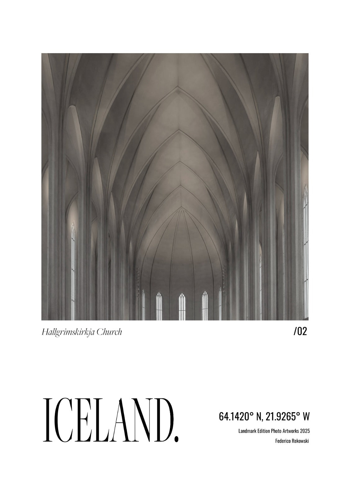 Iceland /02 Landmark Edition poster featuring Hallgrímskirkja Church, open-edition architectural wall art by Federico Rekowski
