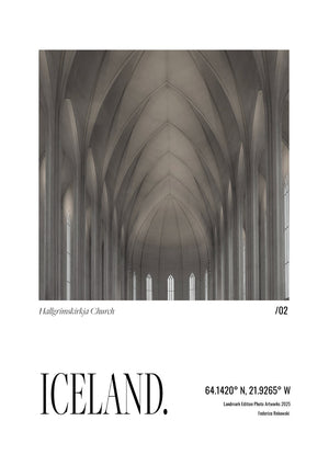 Iceland /02 Landmark Edition poster featuring Hallgrímskirkja Church, open-edition architectural wall art by Federico Rekowski
