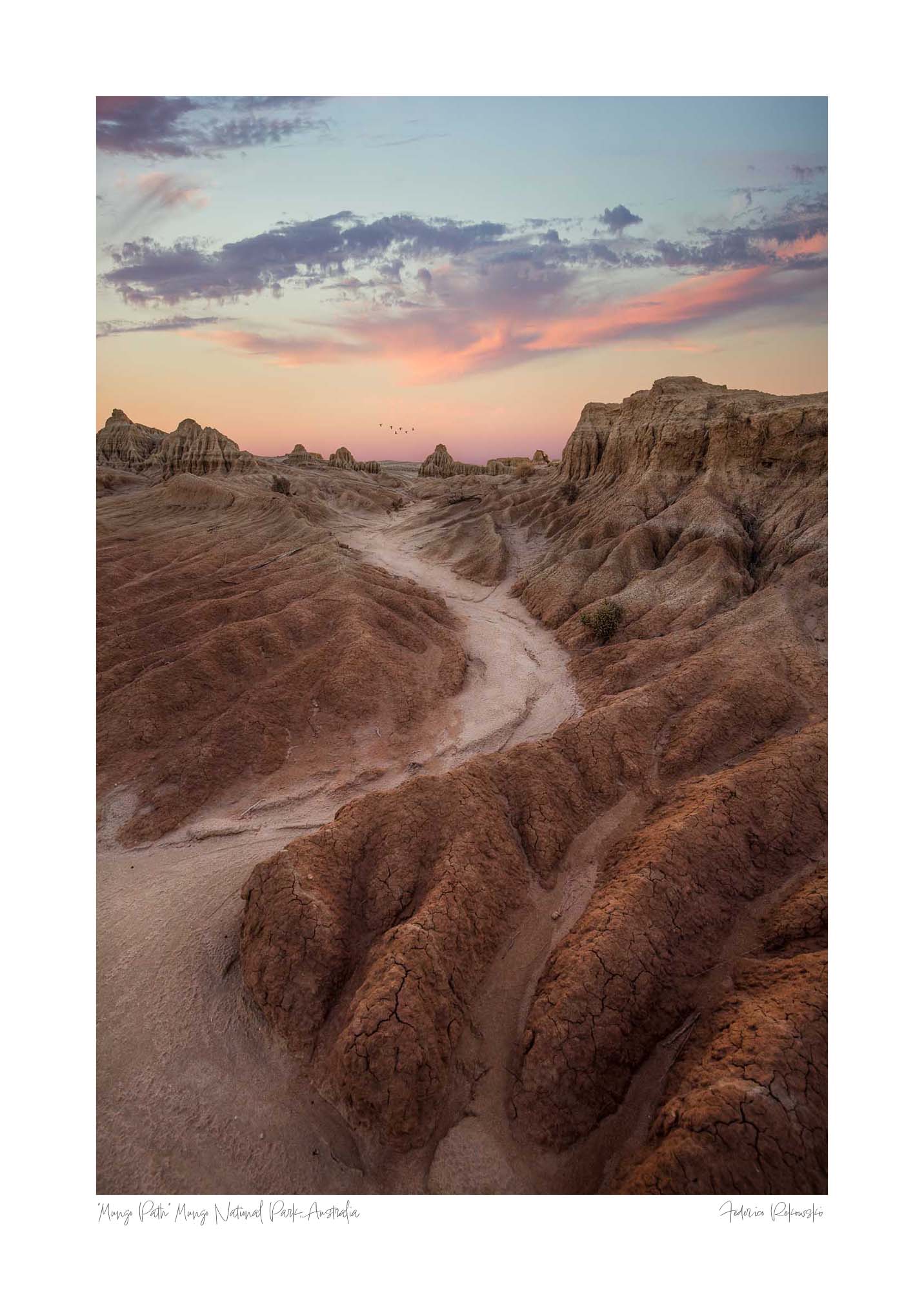 A dusty path through the eroded formations of Mungo National Park, under a sunset sky with streaks of pink and blue. 