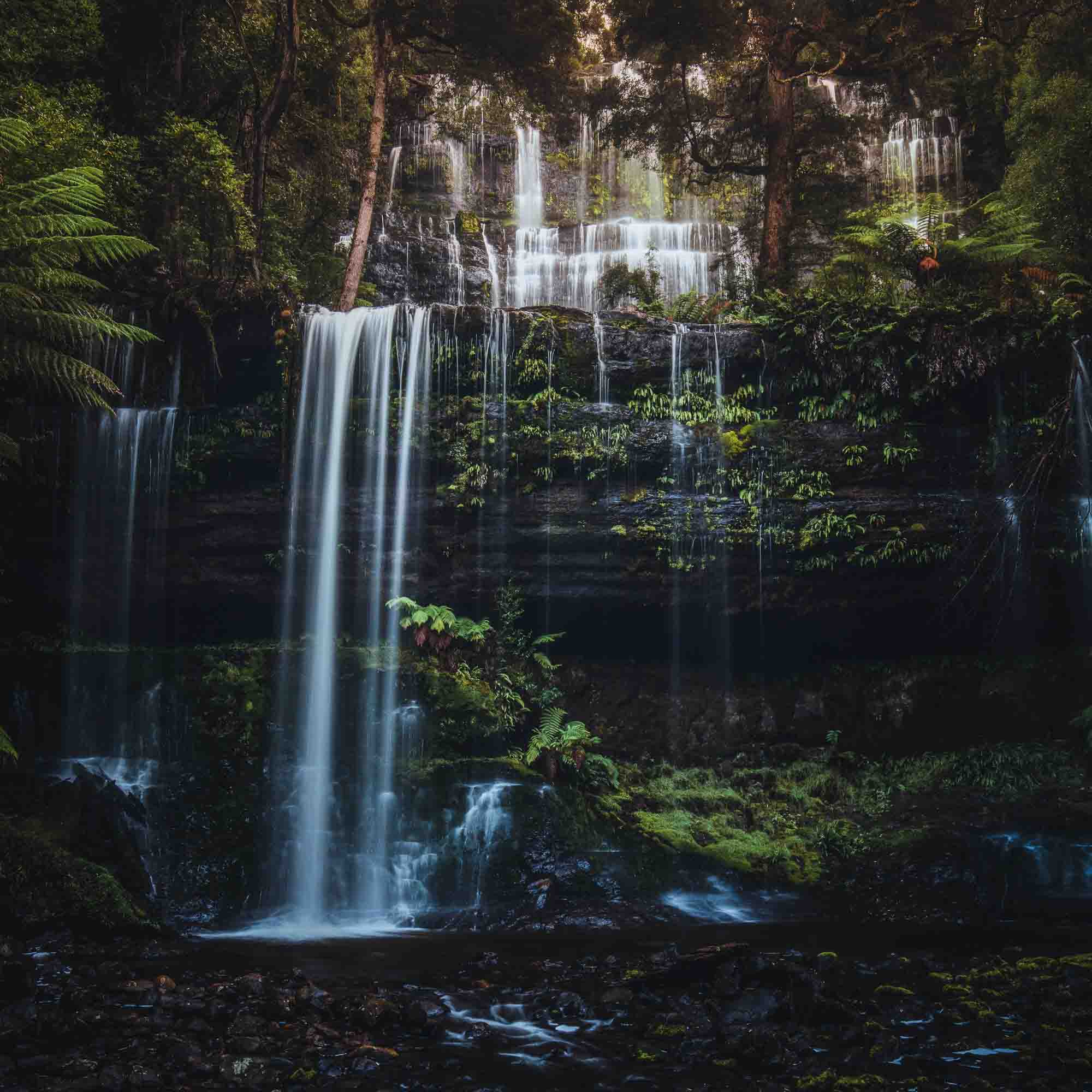 Long exposure photo of the multi-tiered Russell Falls in Tasmania, surrounded by a lush, fern-draped forest.