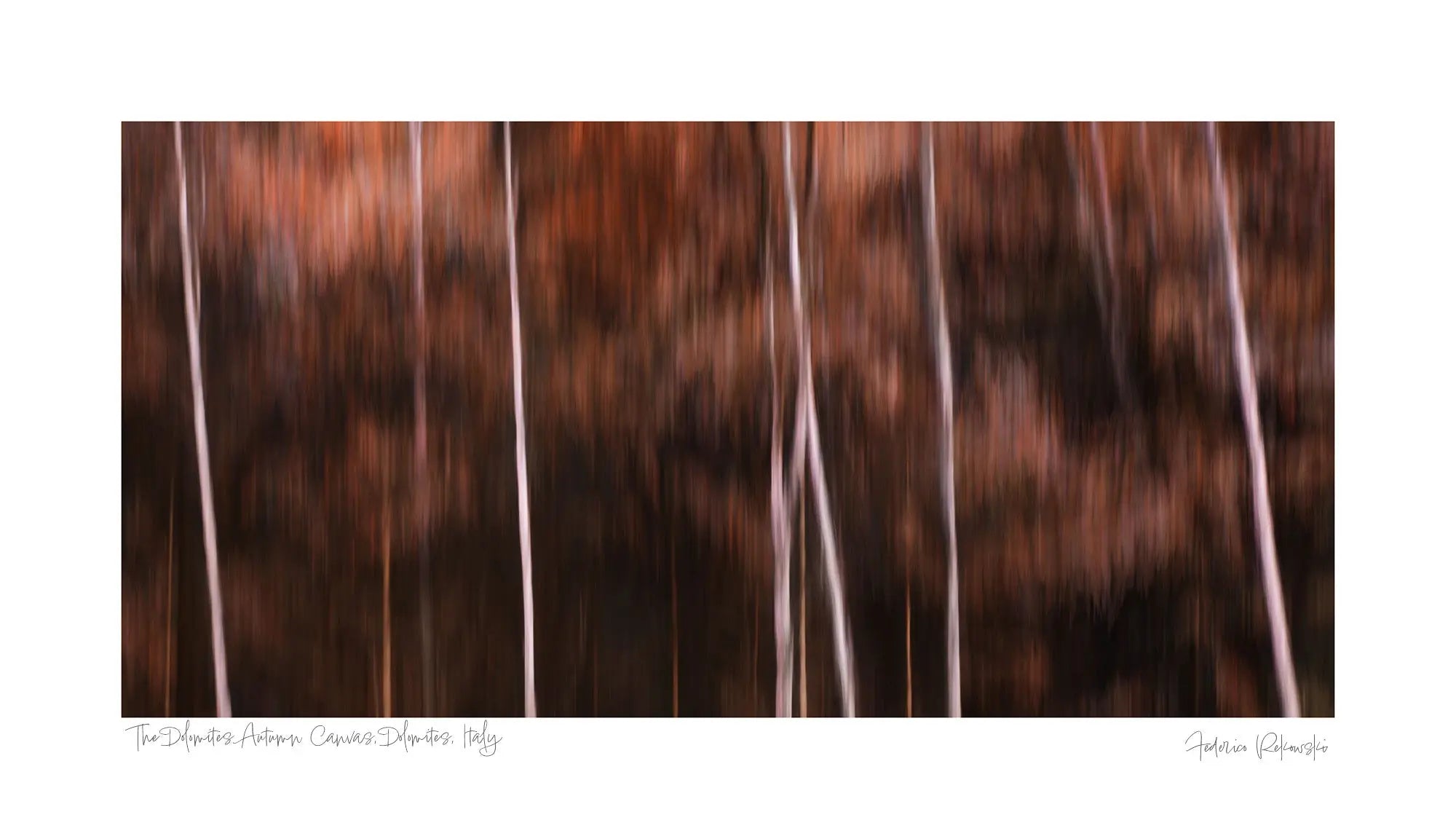 "ICM photography of trees in the Italian Dolomites, showcasing deep autumn colors in a blurred, artistic style."