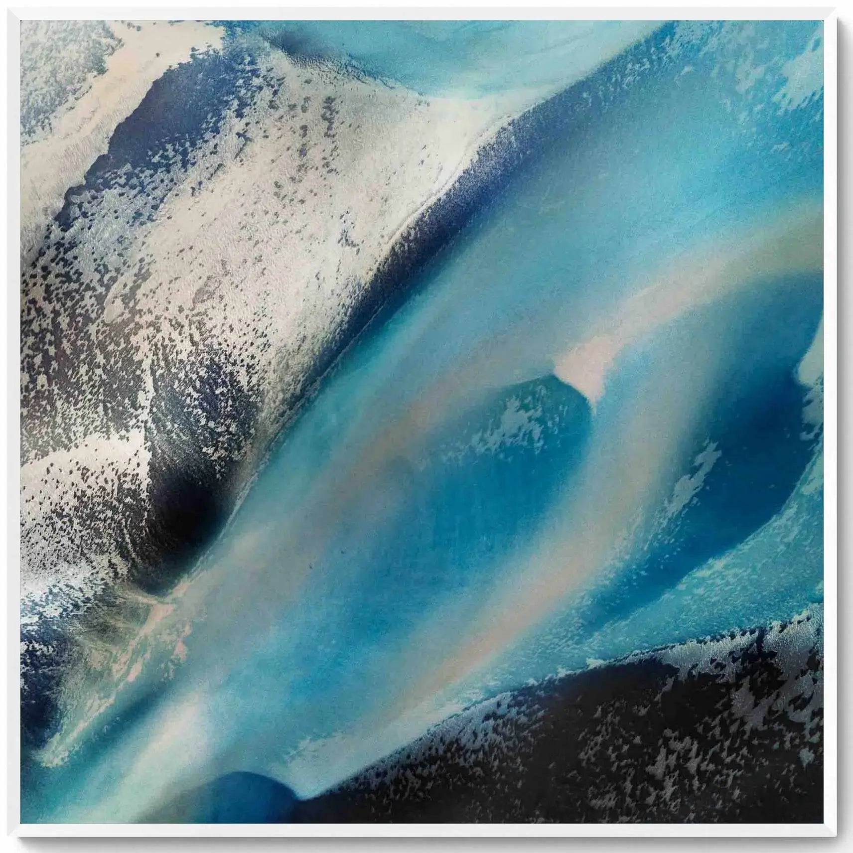 Overhead shot of contrasting blue glacial streams and ashy mountain terrain in an abstract Icelandic landscape.