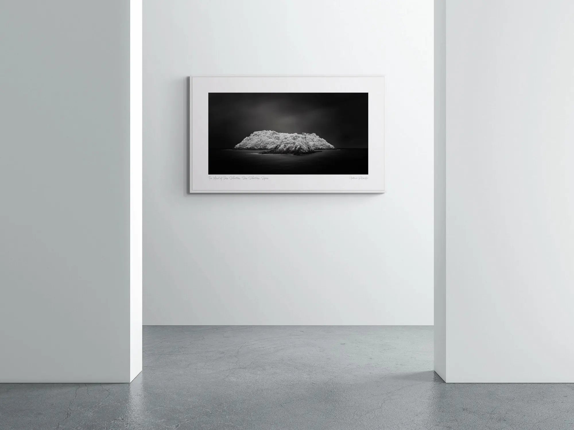 "Black and white image of an isolated island in San Sebastian, Spain, with radiant white foliage under a dark sky."