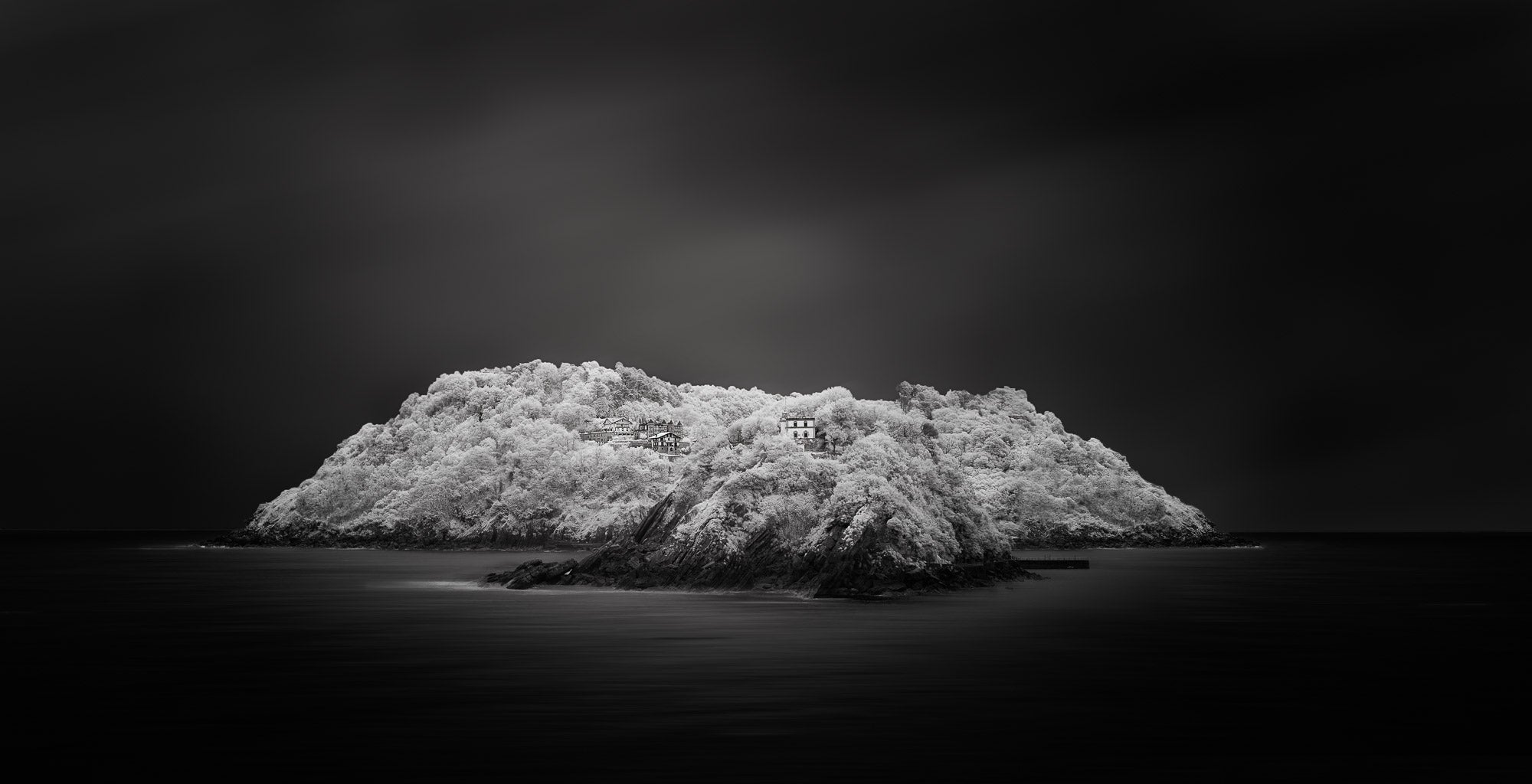"Black and white image of an isolated island in San Sebastian, Spain, with radiant white foliage under a dark sky."