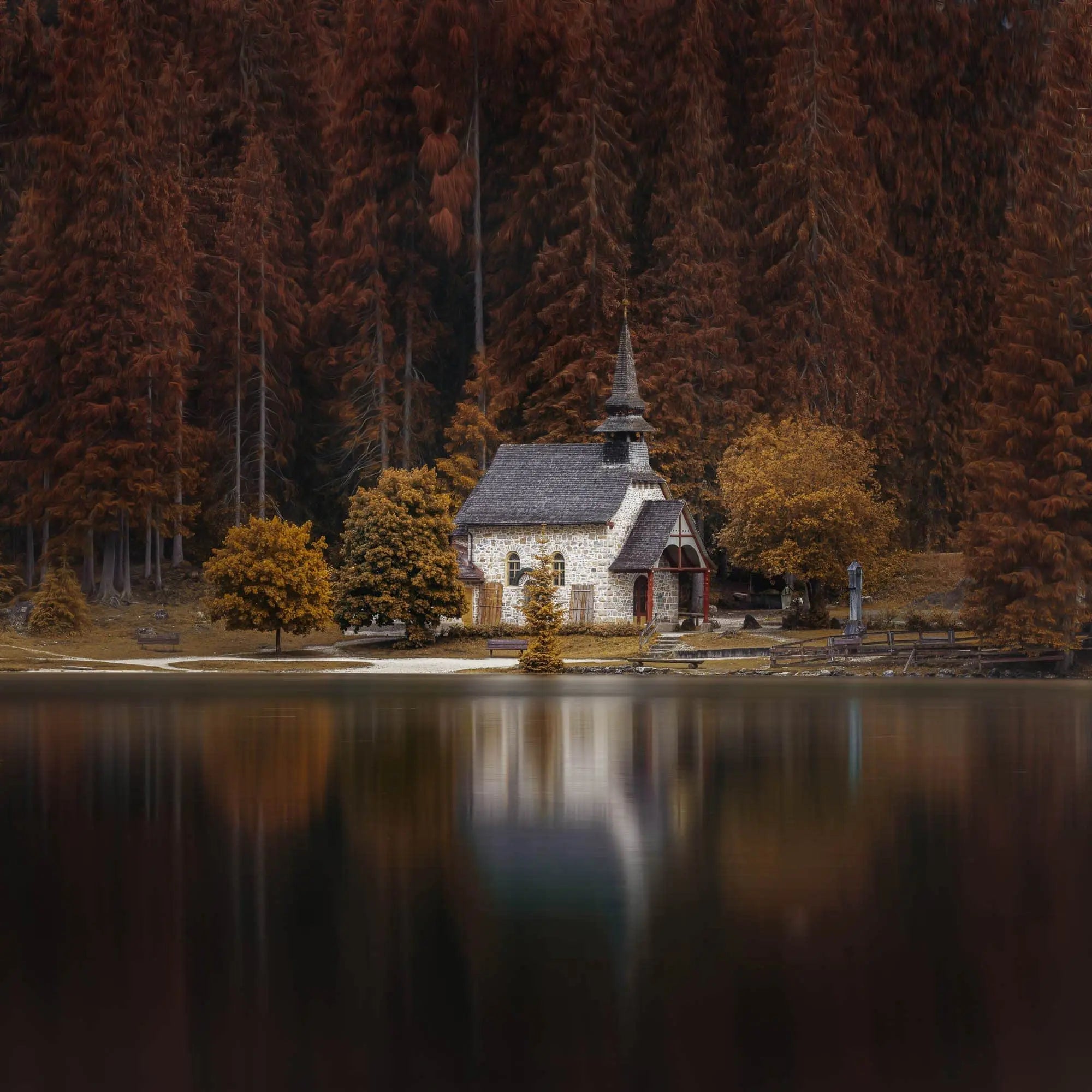 Autumn's Church, Lago di Braies, Dolomites, Italy