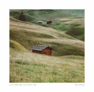Wooden chalets, Alpe di Siusi, Dolomites, Italy